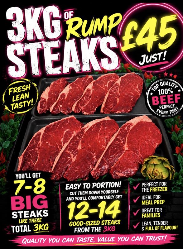3kg of fresh cut rump steaks 